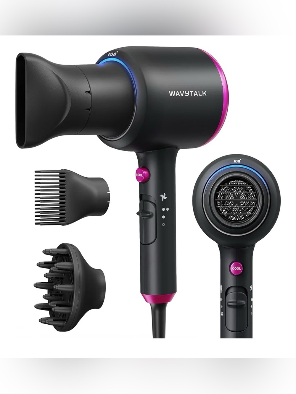 WAVYTALK Black and Pink Ionic Hair Dryer with Styling Attachments